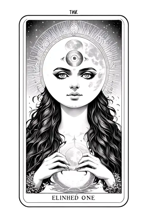 'enlightened one' tarot card illuminating light,  sexy face with 3rd eye chakra and halo, holding moon between hands  tattoo design idea