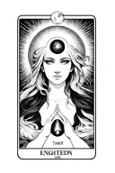 'enlightened one' tarot card illuminating light,  sexy face with 3rd eye chakra and halo, holding moon between hands  tattoo design idea