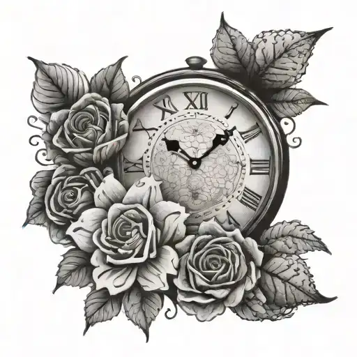 clock,flowres samuries ,shading  tattoo design idea