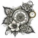 clock,flowres samuries ,shading  tattoo design idea