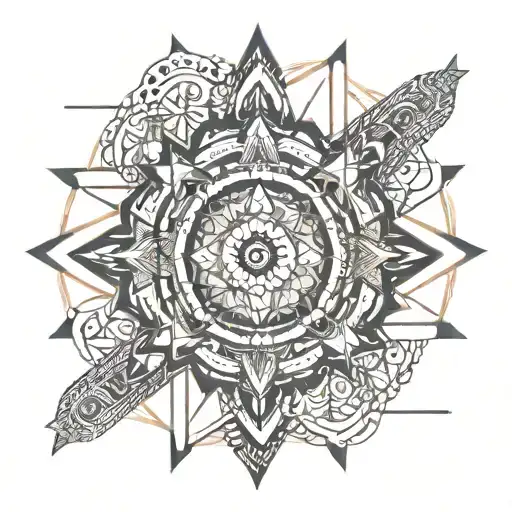 he design draws inspiration from tribal and sun motifs, utilizing strong black line with throat and heart chakra linked  tattoo design idea