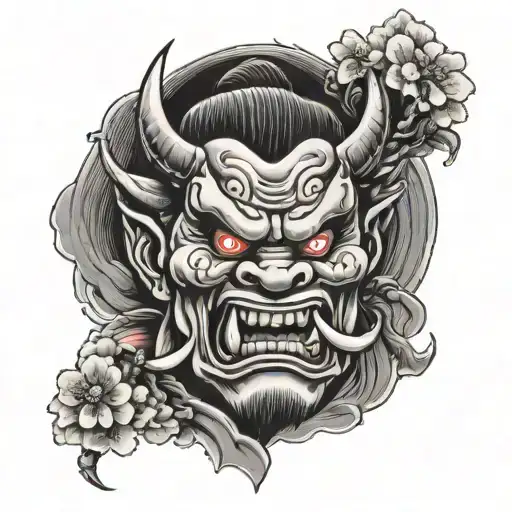Japanese Oni with tanto in its mouth and flame coming out of the eyes, with a cherry blossom petals behind it. tattoo design idea