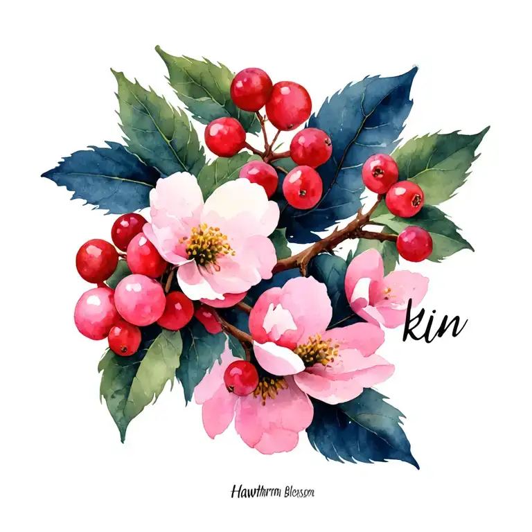 Hawthorn Blossom, berries and leaves with the word kin in cursive with minimal branch tattoo design idea