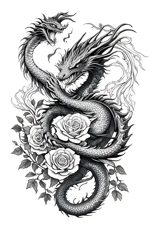 Black sleeve base, 2 eastern dragons wrapping around arm to hand, vines with roses wrapping around arm to hand, tattoo design idea