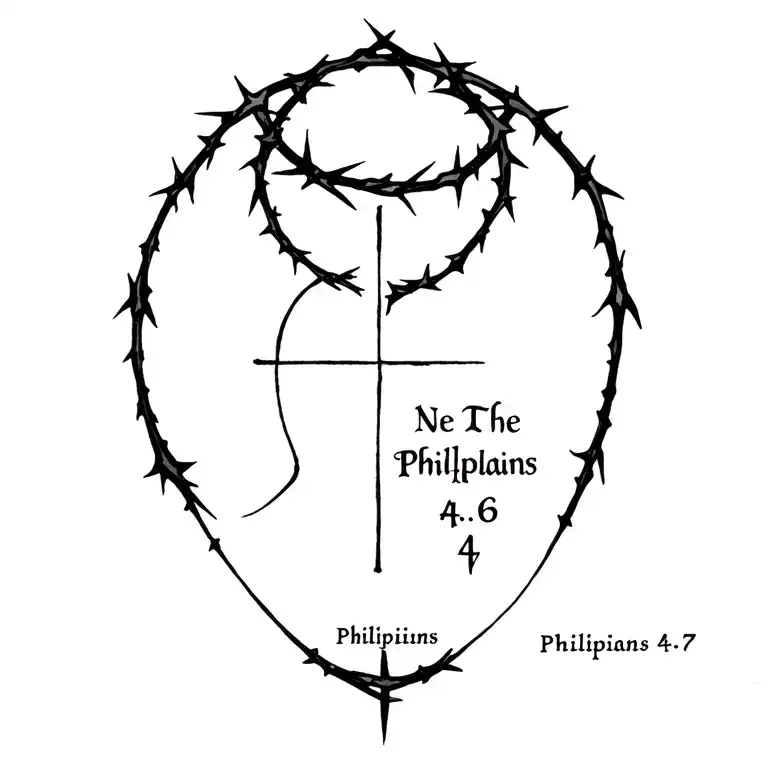 a tatoo with the crown of thorns and a cross and Philippians 4:6-7 tattoo design idea