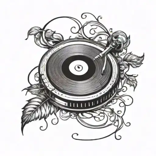 vinyl record spinning with vines growing tattoo design idea