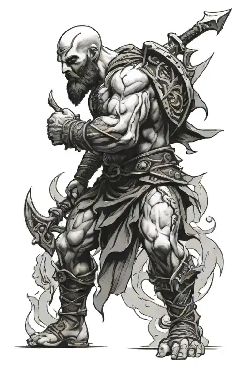 Kratos with the Blades of Chaos climbing Mount Olympus tattoo design idea