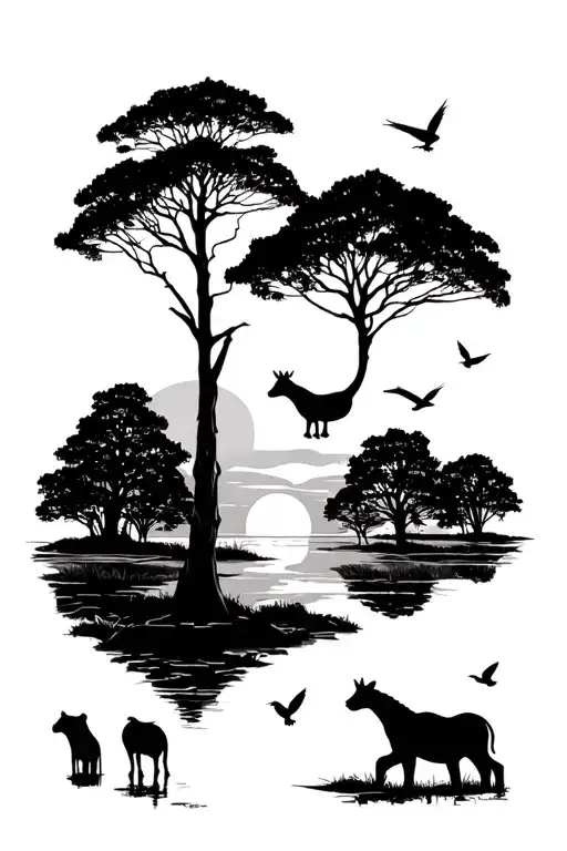 safari sunset with trees and birds and animals in the distance tattoo design idea