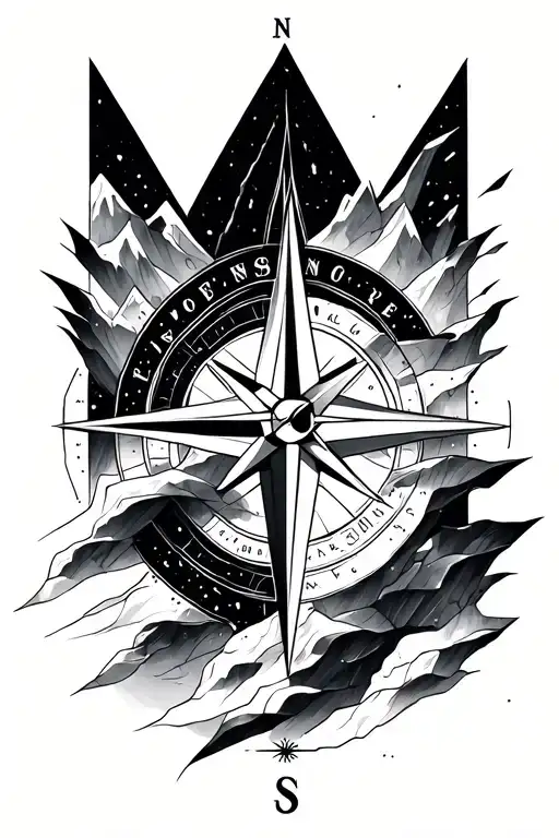 compass rose with intricate geometric mountains tattoo design idea