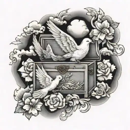 biblical chest tattoo, doves, clouds, bible verse, angel tattoo design idea