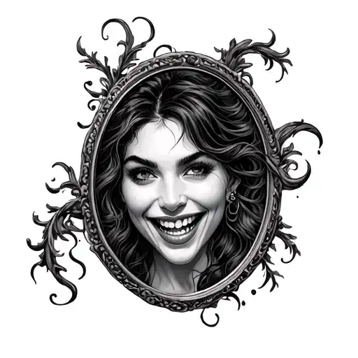 Mirror oval frame, smiling woman fighting her demons tattoo design idea