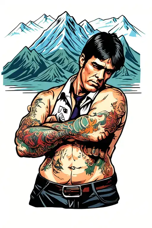 scarface with mountains behind him tattoo design idea