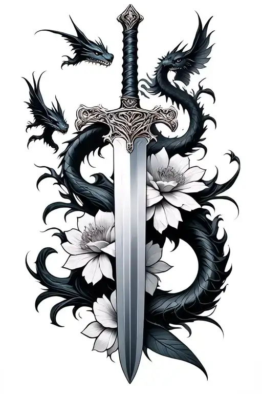 sword with flowers and small dragons flying tattoo design idea