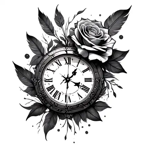 broken clock rose and feathers tattoo design idea