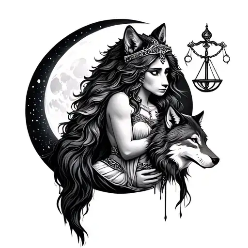 moon and wolf and libra goddess holding tattoo design idea