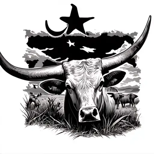 leg sleeve with western Texas theme with longhorns old tavern  tattoo design idea