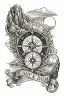 silhouette of a man, mountains, sea, compass, travel, inscription Carpe diem tattoo design idea