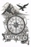 silhouette of a man, mountains, sea, compass, travel, inscription Carpe diem tattoo design idea