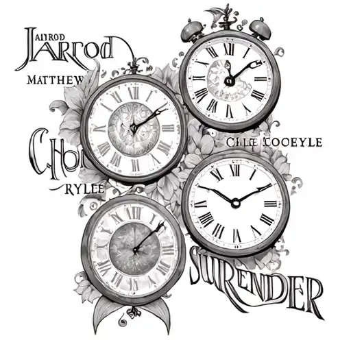 "Jarrod Matthew Chloe Rylee " 4 clocks with dates and initials engraved word SURRENDER carved tattoo design idea
