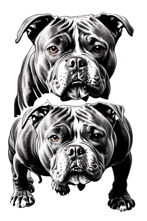 Two muscular pit bulls in a tense, ready-to-attack stance, centered and facing forward, low-angle cinematic perspective, tattoo design idea