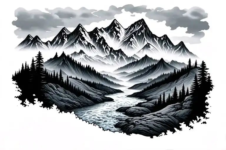 mountain, valley, river flowing tattoo design idea