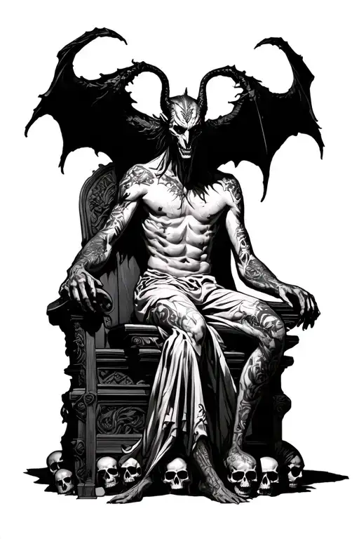 demon lucifer siting on a throne of skulls tattoo design idea