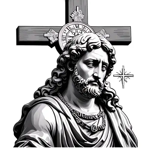 a statue portrait of Paul the apostle with a compass around his neck in front a cross  tattoo design idea