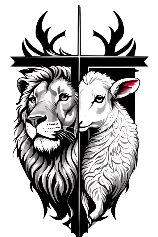 a bold cross, lion side profile on left, lamb side profile on right tattoo design idea