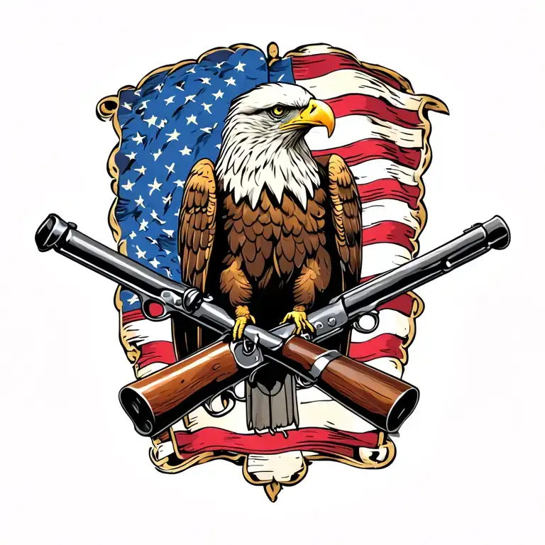 Bald Eagle perched on 2 old muskets crossed like an X with an American flag waving in the background. tattoo design idea