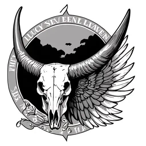 long horn bull skull, hawk wing, lucky as a seven livin in heaven tattoo design idea