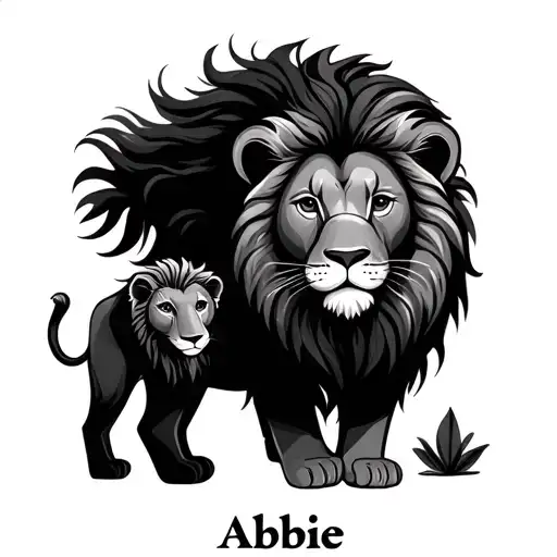 the name Abbie with a little lion next to it tattoo design idea