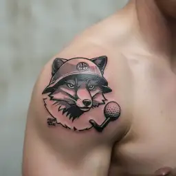 Fox head with army helmet with golf club and golf ball tattoo design idea