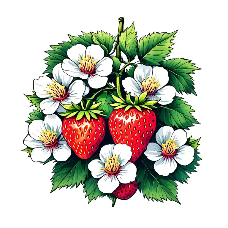 Strawberry Plant including blossoms and fruit tattoo design idea