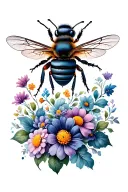 bee with flowers tattoo design idea
