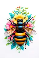 bee with flowers tattoo design idea