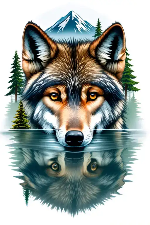 a Baby wolf reflected as an adult in water and with trees and a mountain in the background tattoo design idea