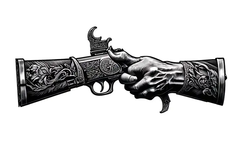 Filo de will, body in weapon, discipline in religion tattoo design idea