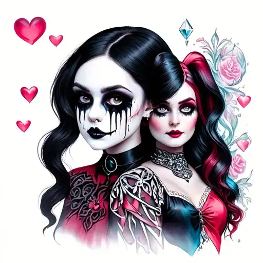Feminine mystical tattoo: Wednesday Addams with black tears,Harley Quinn with hearts and diamonds,Wanda Maximoff,umbanda tattoo design idea