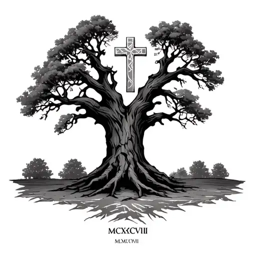 big oak tree with roman numerals MCMXCVIII displaying a orthodox cross tattoo design idea