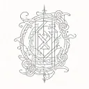 ancient runes going vertically down glowing faintly with dark energy. forgotten languages. ethereal smoke or dark cracks tattoo design idea