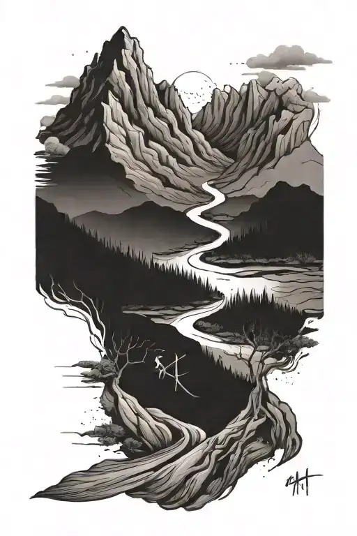 Mountain with a river and a road flowing through, like a black and white photo, with the initials K.T., N.T and M.T. tattoo design idea