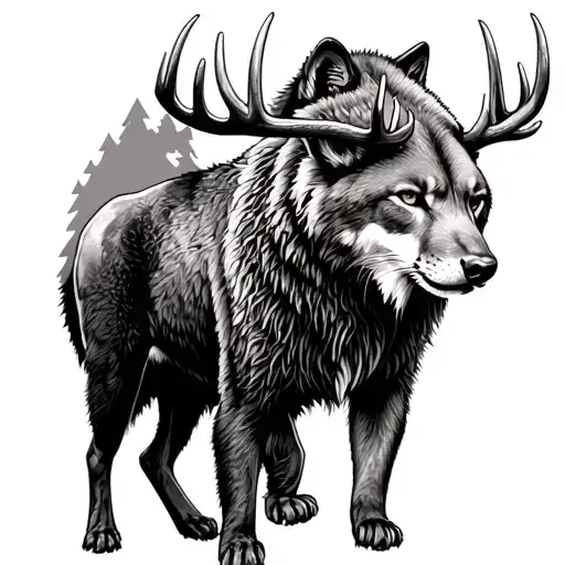 whitetail deer, a powerful elk, and a cunning coyote. a bison, a wolf and a stealthy mountain lion, grizzly bear tattoo design idea
