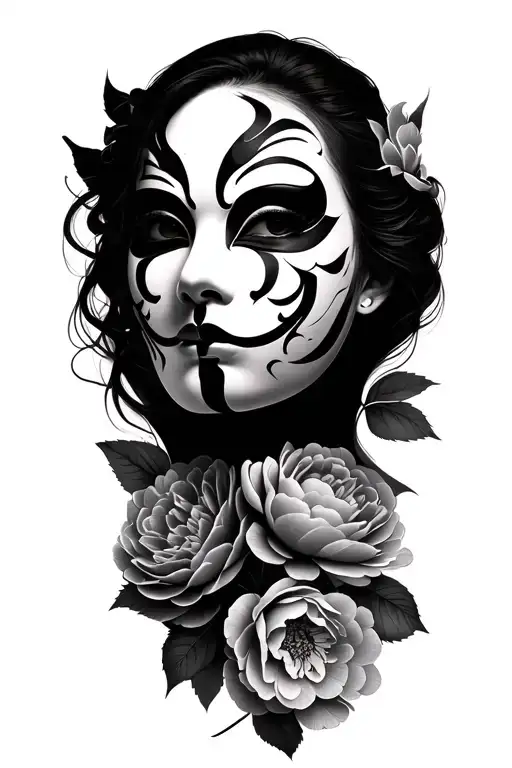 realism woman's face broken with a hannya mask behind it side view with dramatic lighting and peony flowers accenting  tattoo design idea