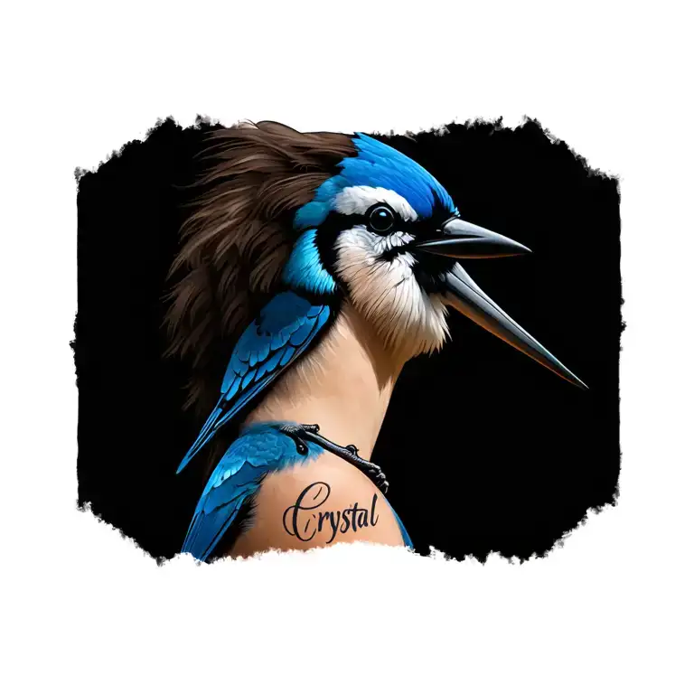 Crystal's name written on my neck with a bluejay bird sitting looking up the sky tattoo design idea