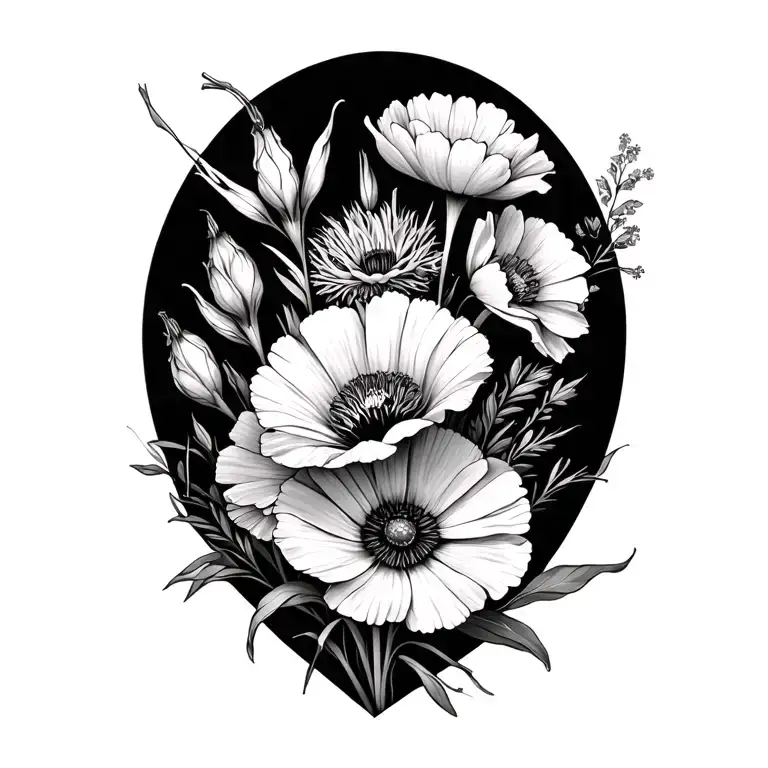 marigold flower, cosmo flower, gladiolus flower and poppy flower bouquet tattoo design idea