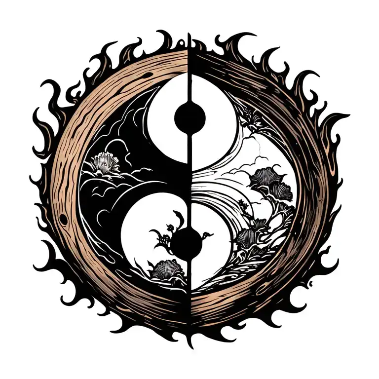 Yin Yan Yin Symbol, divided into two parts in half, which are connected by hinged wooden burning bridges tattoo design idea