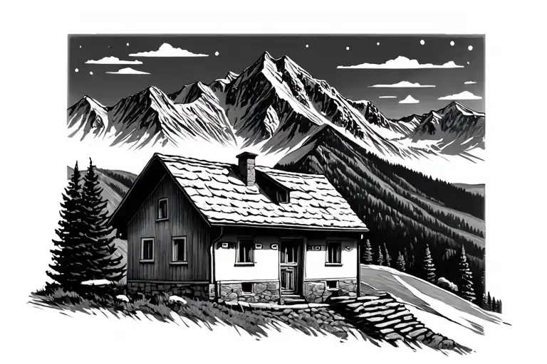 small swiss house with Swiss alps in the background tattoo design idea