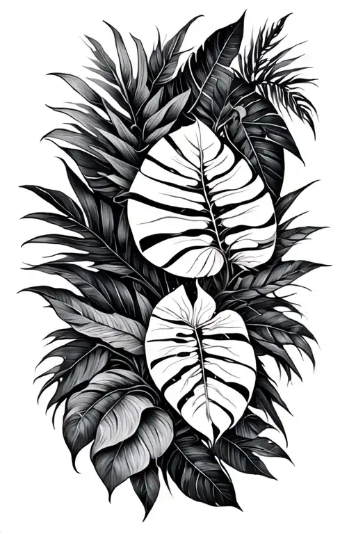 Black and white tattoo sleeve design, filled with dense tropical vegetation (palm leaves, monstera, vines), exotic anima tattoo design idea