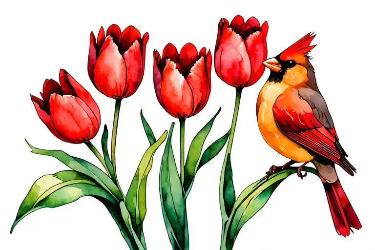 6 red tulips with two small cardinals tattoo design idea