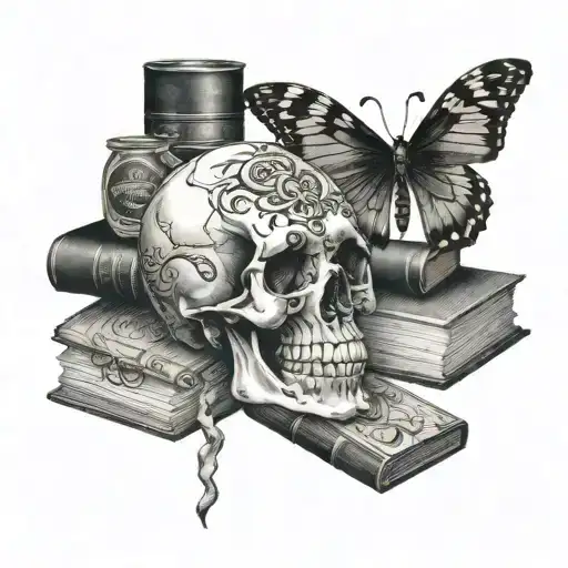 skull smokig a cigare  with 3 staked books and a bottle of wisky on the left side and a dead butterfly  tattoo design idea